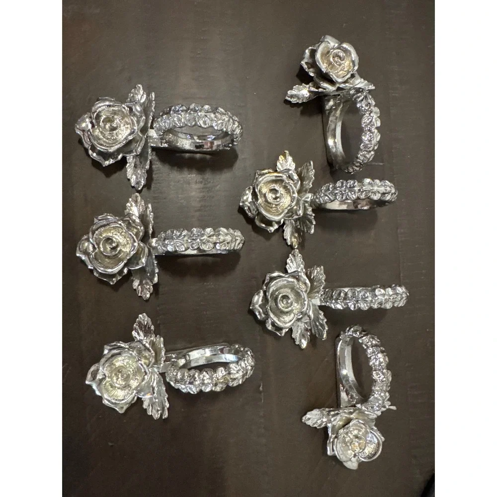 Princess House Silver Rose Napkin Rings Set 7 Floral Metal Table Decor Vintage